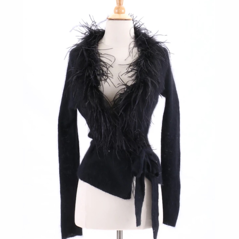 Betsy Johnson angora wool cardigan with boa feather trim